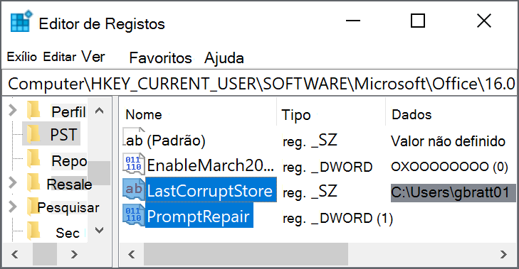 Definições de registo para eliminar LastCorruptStore PromptRepair=dword:00000001