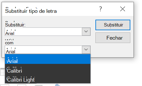 Uma imagem da caixa de diálogo Substituir Tipo de Letra do PowerPoint. Mostra a caixa pendente Com expandida.