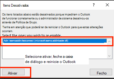 Captura de ecrã da caixa de diálogo para ativar Itens desativados.