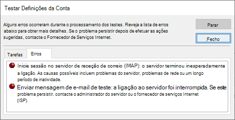 Captura de ecrã do separador Erros da janela Definições da Conta de Teste – IMAP