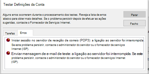 Captura de ecrã do separador Erros da janela Definições da Conta de Teste – POP3