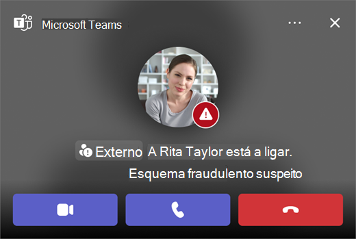 Captura de ecrã de uma chamada suspeita de esquema fraudulento no Microsoft Teams.