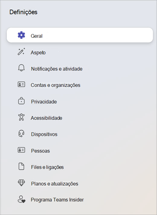Captura de ecrã do painel Definições a mostrar categorias como Geral, Privacidade e Dispositivos.