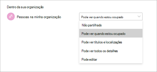 Captura de ecrã a mostrar diferentes permissões de acesso ao partilhar um calendário no Teams.
