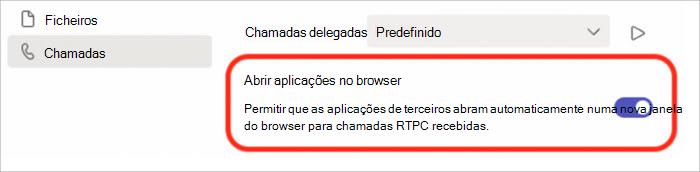 Captura de ecrã das definições para ativar ou desativar o atendimento de chamadas no pop-up do browser.