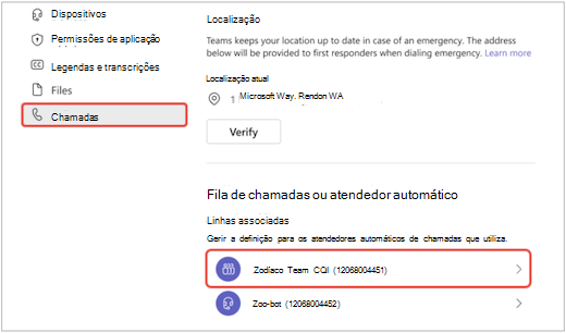 um ecrã no Teams do menu Definições