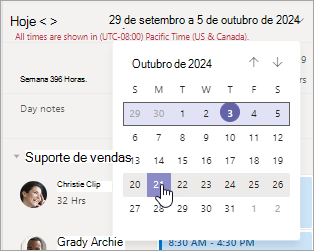 Altere o intervalo de datas na vista Turnos da equipa.
