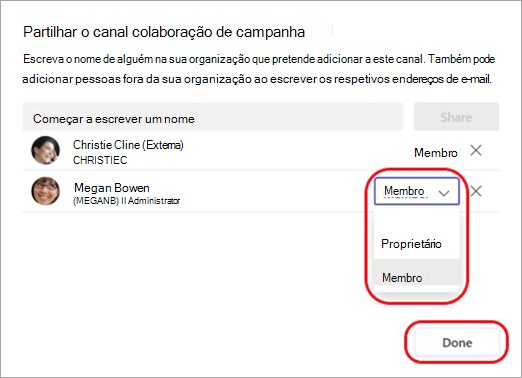 Captura de ecrã a mostrar como alterar um membro de canal para proprietário de canal