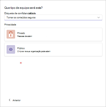 Captura de ecrã de uma janela para criar uma nova equipa no Microsoft Teams com opções para definir a confidencialidade como Segura e privacidade como Privada ou Pública.