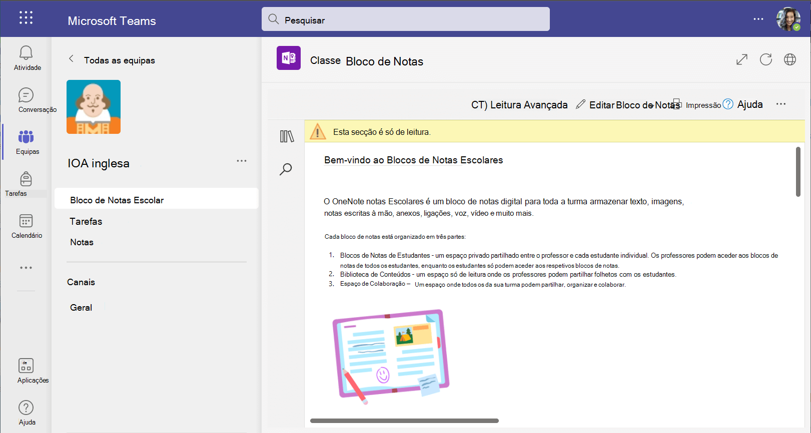 Captura de ecrã a mostrar o Blocos de Notas Escolares na versão Web do Teams.