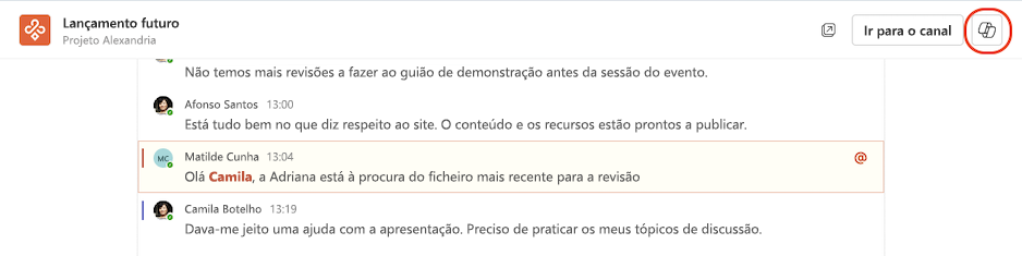 Aceder ao Copilot a partir da vista envolvente dos canais