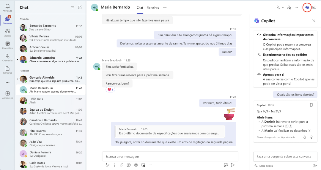Uma vista do Copilot num chat do Teams