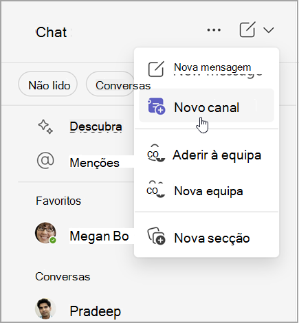 Captura de ecrã do chat do Microsoft Teams com opções para criar uma nova mensagem, um novo canal ou uma nova equipa. Também lhe permite aderir a uma equipa ou criar uma nova secção.