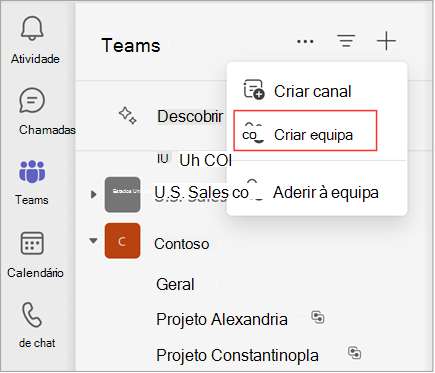 Uma captura de ecrã de um menu com opções para criar um canal, criar uma equipa ou aderir a uma equipa. Selecione criar equipa para criar uma equipa. Também mostra uma lista de equipas e canais existentes.