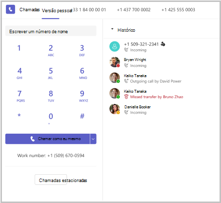 Captura de ecrã a mostrar o teclado de marcação do Teams com várias linhas telefónicas disponíveis.