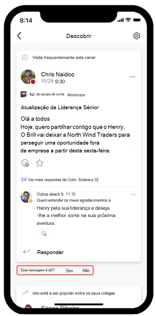 Captura de ecrã a mostrar o feed Descobrir do Teams aberto num dispositivo móvel