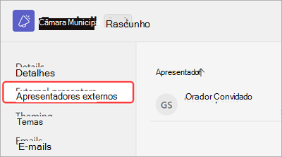 Captura de ecrã a mostrar o separador Apresentadores externos realçado no formulário de agendamento da assembleia