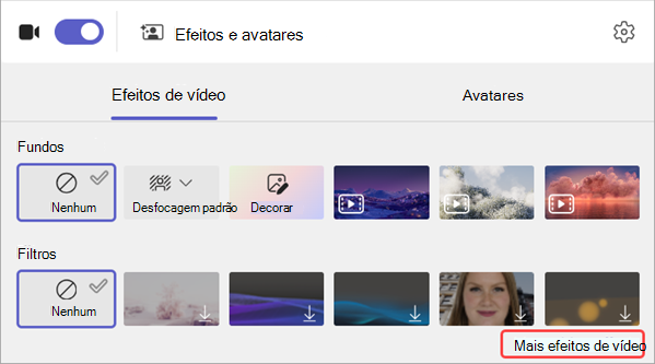 captura de ecrã das opções de filtro de vídeo