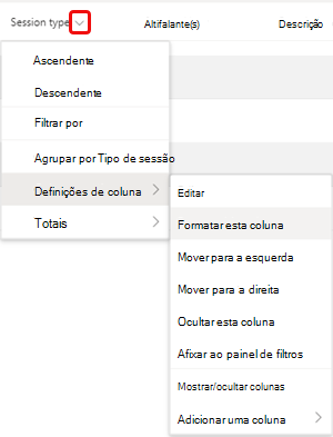 Opção de menu Formatar esta coluna