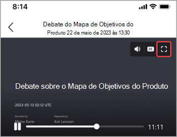 Toque no ícone de ecrã inteiro para apresentar uma gravação da reunião em todo o ecrã.