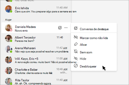 Captura de ecrã a mostrar como desbloquear alguém no painel de chat
