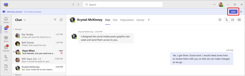 Captura de ecrã da barra de reuniões em direto no Microsoft Teams.