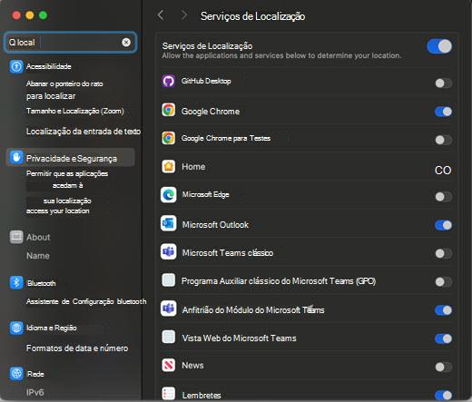 Captura de ecrã da caixa de diálogo Definições de localizações para MAC