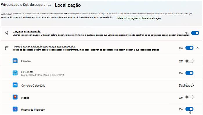 Captura de ecrã da janela de definições Localizações no Windows 11
