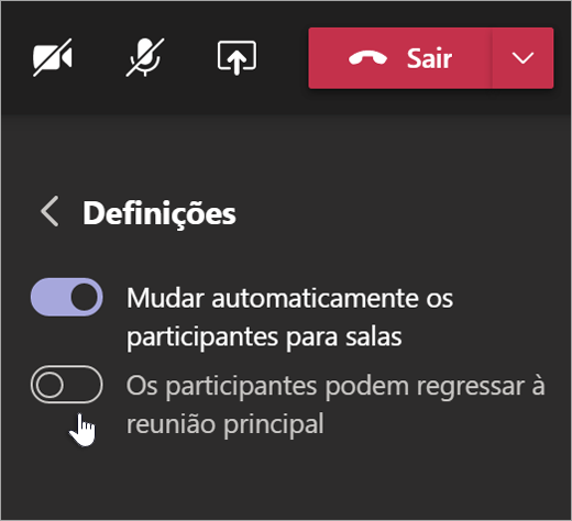 Definições de salas simultâneas no Teams