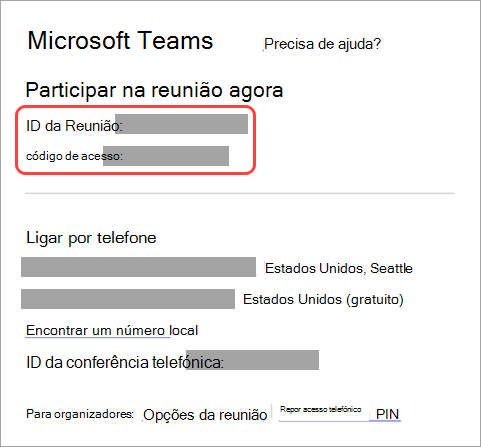 Captura de ecrã que mostra onde encontrar o ID de reunião e o código de acesso no convite para reunião.