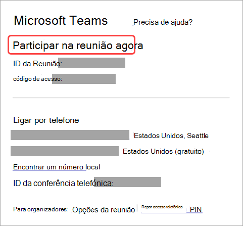 Captura de ecrã que mostra como participar numa reunião a partir do convite.