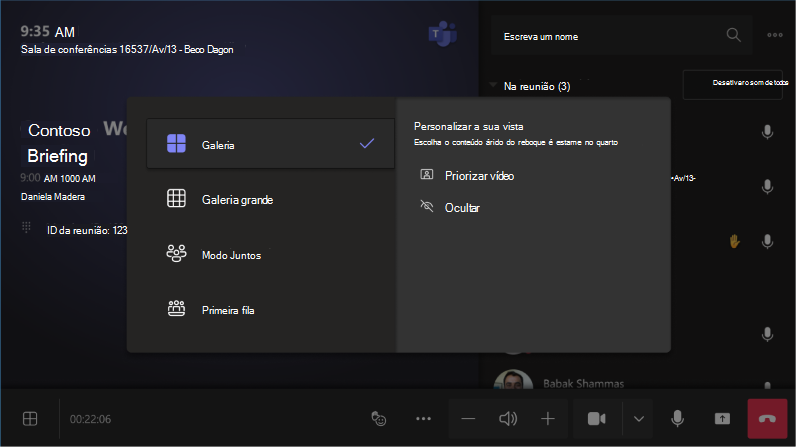 Personalizar a vista da sala entre priorizar vídeo ou ocultar-me