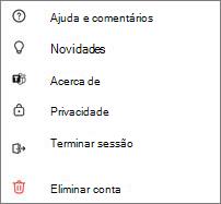 Captura de ecrã das definições gratuitas do Teams para dispositivos móveis com ajuda, novidades, privacidade, fim de sessão e eliminação de conta