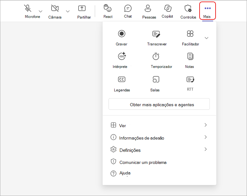 Captura de ecrã a mostrar um menu expandido **Mais ações** numa reunião do Teams