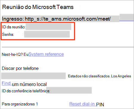 Captura de ecrã a mostrar o novo convite para reunião do Teams, realçando o ID e o código de acesso para a reunião.