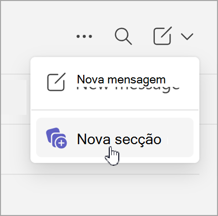 Captura de ecrã da opção Nova mensagem e nova secção que é apresentada depois de selecionar novos itens enquanto está em vista separada da conversa.