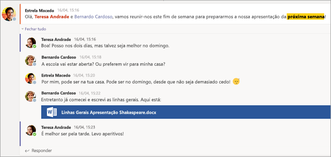 Conversação entre estudantes no separador Conversação.
