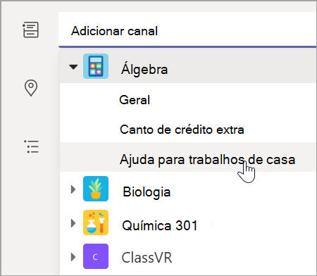 Escolha o canal de equipa para a sua turma.