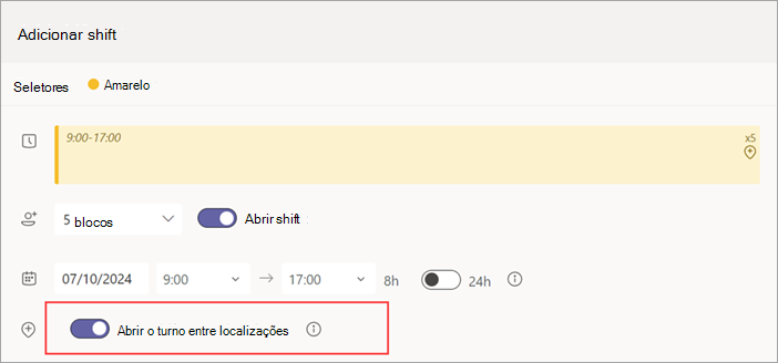 Captura de ecrã a mostrar o botão de alternar Abrir shift entre localizações para um turno aberto.