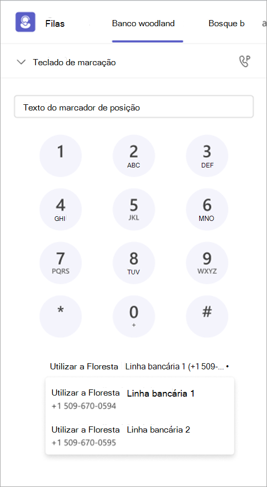 Captura de ecrã que mostra o teclado de marcação com opções de chamadas efetuadas