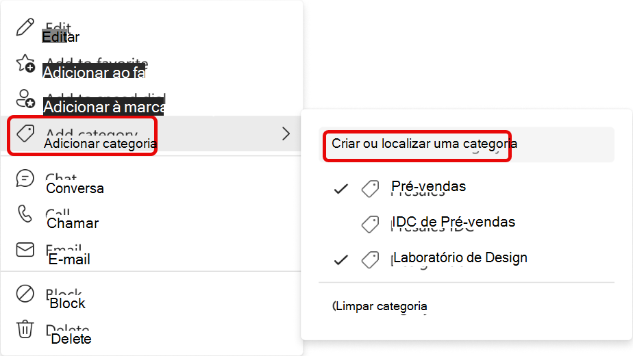 Captura de ecrã do menu adicionar contacto à categoria