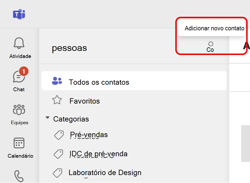 Captura de ecrã do ícone adicionar novo contacto na Aplicação Teams People