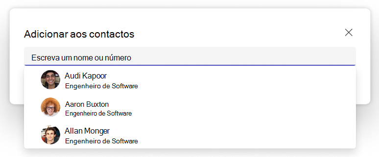 Captura de ecrã do menu pendente adicionar aos contactos na Aplicação Teams People