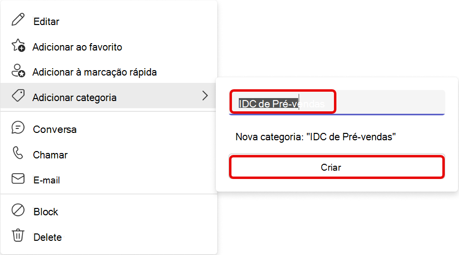 Captura de ecrã do fluxo de trabalho adicionar categoria na Aplicação Teams People