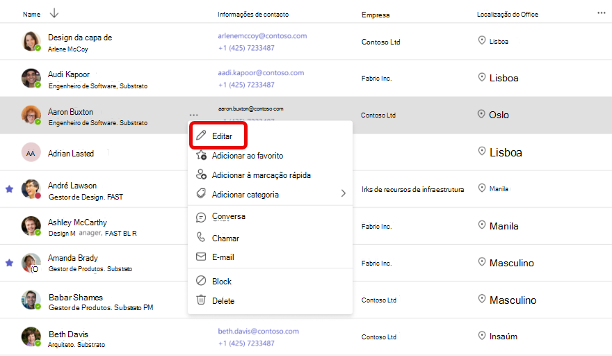 Captura de ecrã do fluxo de trabalho para editar as informações de contacto na Aplicação Teams People