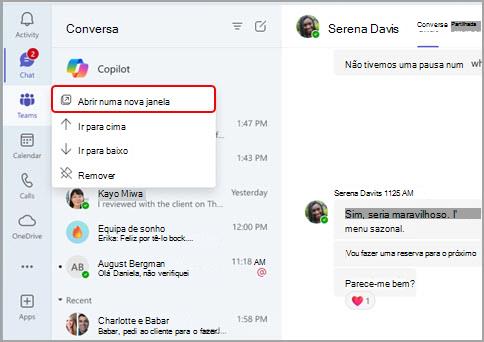 Captura de ecrã a mostrar como abrir aplicações principais do Teams em novas janelas.