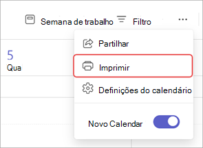 Captura de ecrã a realçar a opção Imprimir num calendário do Teams.