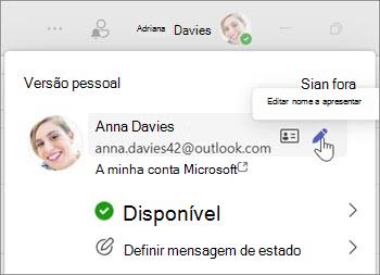 Captura de ecrã a mostrar a Fotografia de perfil com a mão a apontar para o lápis para obter opções