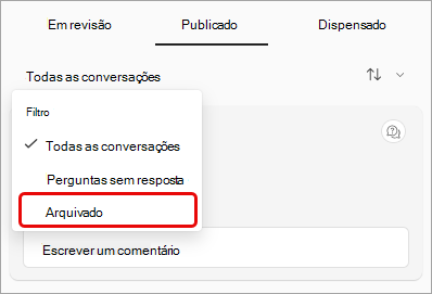 Captura de ecrã a mostrar o menu pendente Q&Um filtro, com a opção arquivada realçada.