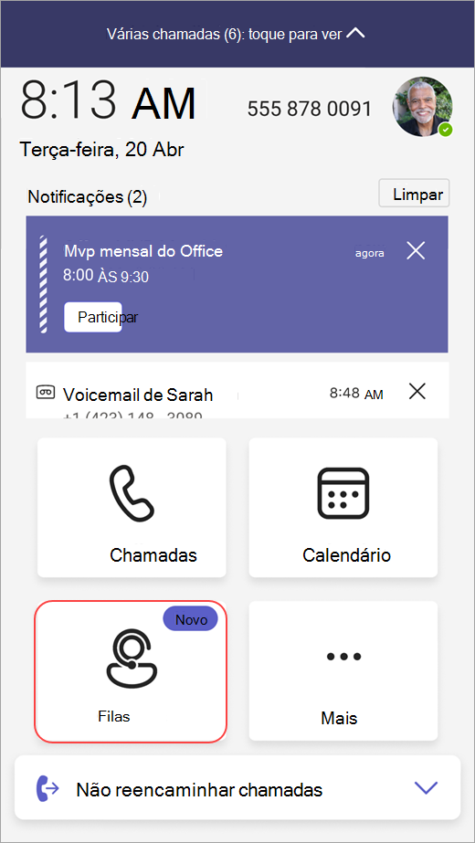 Captura de ecrã a mostrar o ponto de entrada no Filas num dispositivo do Telefone Teams